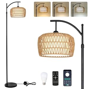 Arc Floor Lamp with Remote, Dimmable Rattan Floor Lamp with LED Bulb, Boho Farmhouse Tall Pole Lamp with Rattan & Fabric Shades, Modern Black Standing Lamps for Living Room Bedroom Nursery