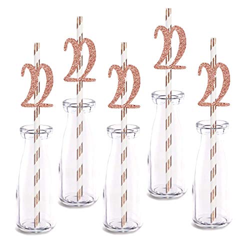 Rose Happy 22nd Birthday Straw Decor, Rose Gold Glitter 24pcs