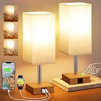 Aooshine Bedside Lamps Set of 2, Touch Lamps for Bedroom and Living Room with USB-A & USB-C Charging Ports, Wood Grain Base(Bulb Included)