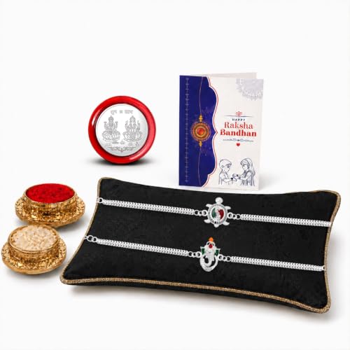 Image of Periapt Silver Color Stylish Rakhi Combo with Silver Color Pooja Coin, Roli Chawal & Greeting Card | Traditional Raksha Bandhan Occasion Combo for Brother | Fancy Rakhi for Brother, Set of 1 (K2 A5+A25)