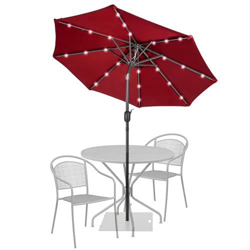 Sundale Outdoor 7 ft Solar-Powered 24 LED Lighted Patio Umbrella with Crank & Push Button Tilt for Garden, Deck, Backyard, Pool, 8 Ribs (Red)