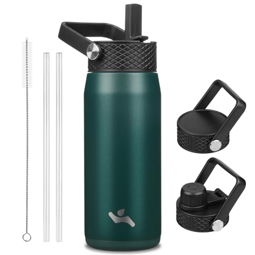 Image of Konokyo 20oz Insulated Stainless Steel Water Bottle with 3 Lids, Leakproof BPA-Free Bottle with Straw Lid, Sip Lid and Flex Cap for Gym, Travel, School, Office, Green