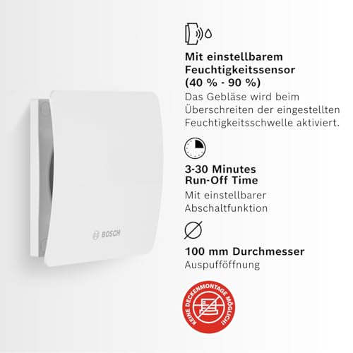 Bosch Badlüfter 1500 DH 100mm - Für Belüftung im Badezimmer und WC, Gegen Feuchtigkeit und Schimmel - Mit Hygrostat und Timer - 100 mm Durchmesser