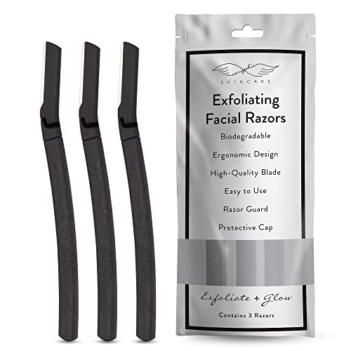 Seraphic Skincare Exfoliating Facial Razors - Dermaplaning Tool Removes Dead Surface Skin and Unwanted Facial Hair - Swedish Stainless Steel Blade - Biodegradable Black Handle and Cap - 3 Razors