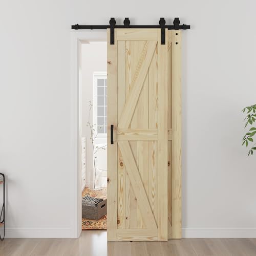 SMARTSTANDARD Double 26"x84" Bypass Barn Door with 5FT Track Hardware Kit Included, Unfinished Solid Wood, DIY Support, A Simple Assembly is Required 2*26"x84"+5FT track Natural