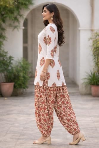 Image of Women's Cotton Floral Print Kurta Patiala Pant Set, White and Purple Traditional Indian Ethnic Wear with Damask Pattern