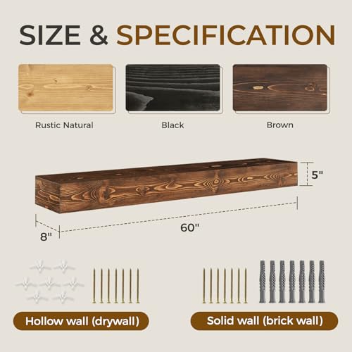 YLYHSST 60\" Fireplace Mantel, 5\'\' Thick Handmade Hollow Solid Wood Wall Long Floating Shelf with Invisible Wood Brackets, Brown - Thumbnail 2