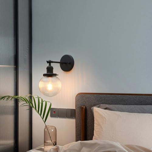 Image of Phansthy 1-Light Wall Sconce, Brass Boho Bathroom Vanity Light, Modern Wall Light with Globe Glass Shade E26 Base, Adjustable Wall Lighting Fixtures for Bedroom, Living Room (Black, Striped Shade)