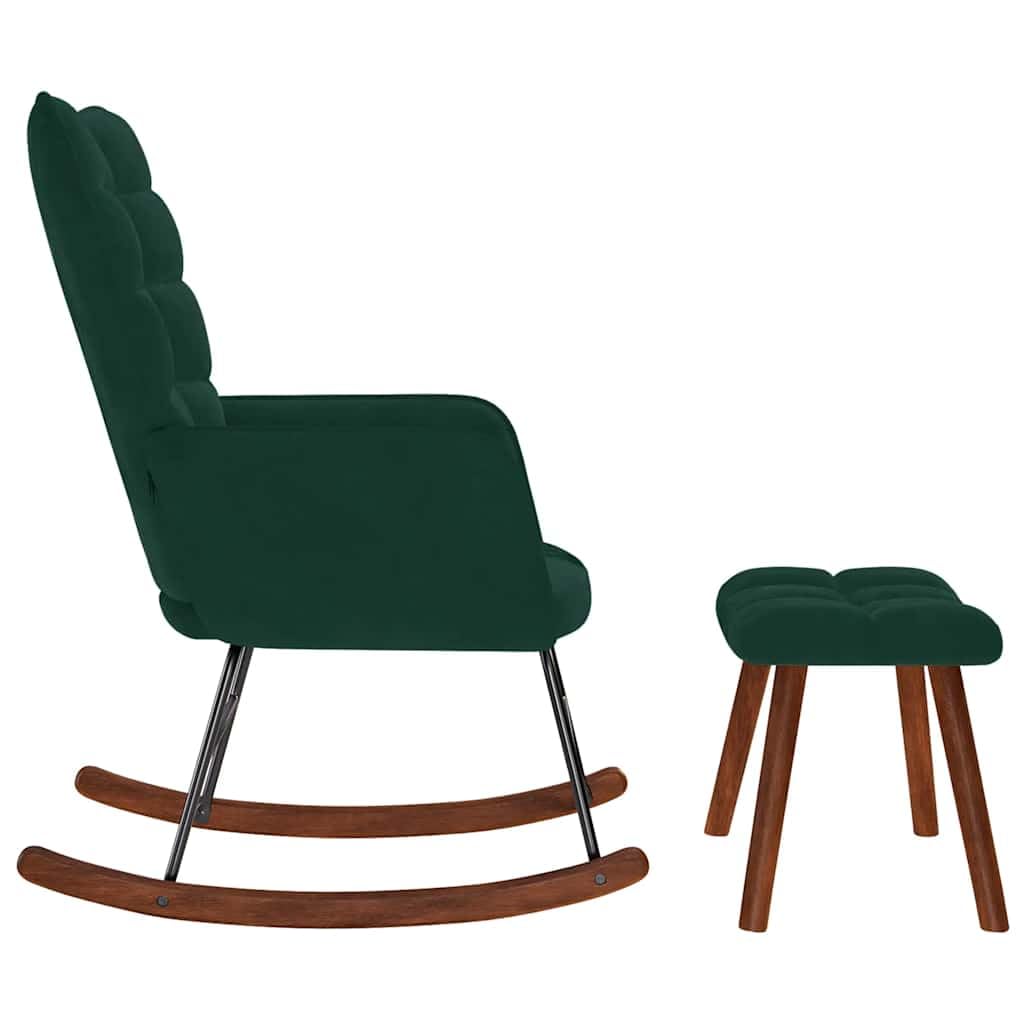 Fotel bujany z taboretem, ciemnozielony aksamit, fotel relaksacyjny z podłokietnikami, ergonomiczne oparcie, podnóżek, drewniane nóżki do salonu, sypialni, na balkon, do wnętrz