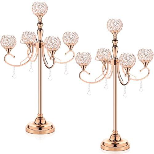 2 Packs 5 Arms Crystal Candelabra for Wedding Centerpiece, 33.8 Inch Tall Gold Floor Candle Holder Set with Chandelier Crystal Beaded, Anniversary Dinner Party Table Decoration Elegantes