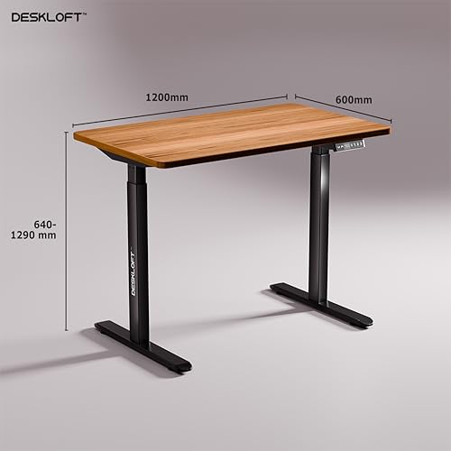 Image of Electric Standing Desk Height Adjustable Table | Ergonomic Sit Stand Workstation with Walnut Wood Grain Top | Motorized Computer Desk for Home Office (Black Frame & Brown Top, 1200x600 mm)
