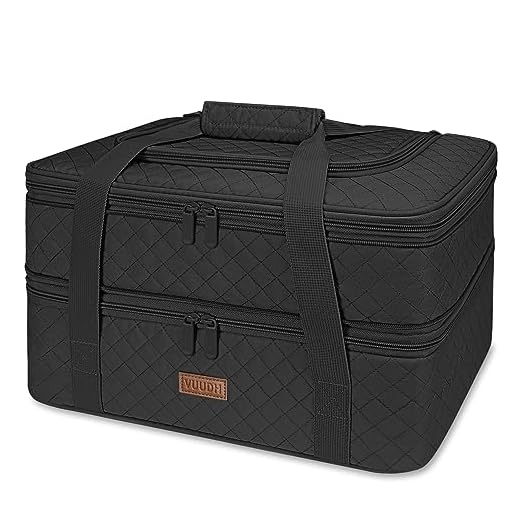 Vuudh Quilted Double Decker Casserole Carrier - Expandable Dish Carrying Case for Hot or Cold Food, Lasagna Holder for Potluck Parties, Picnic, Beach, Fits 9"×13" Baking Dish (Black)