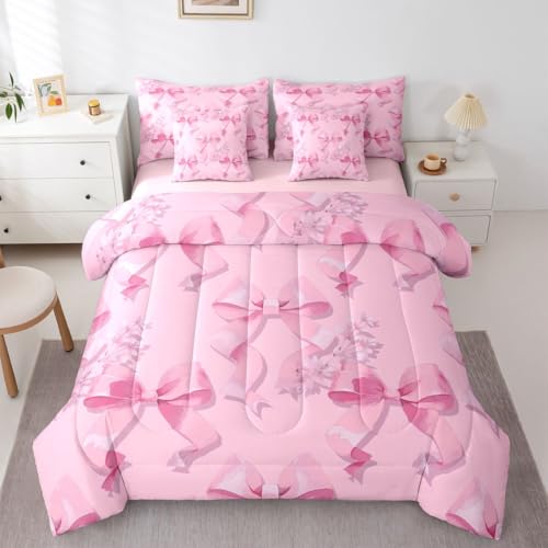 Image of Pink Bow 7 Piece Comforter Set Full Bed in a Bag | Cute Bowknot Bedding Sets Dreamy Princess Style Ribbon Bow Tie Comforter and Sheet Set, Girly Floral Bed Sets,Kawaii Room Decor Aesthetic
