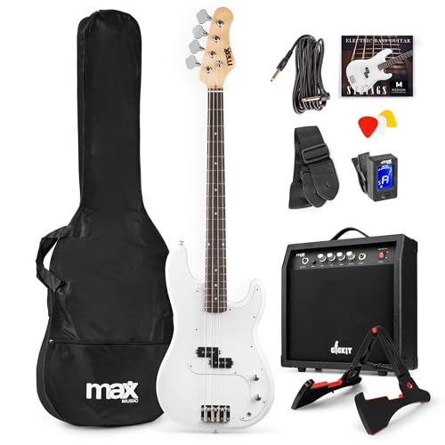 Max GigKit - Pack completo de bajo eléctrico Blanco con amplificador de 40W, soporte, funda, afinador, cuerdas y cable, ideal para principiantes y práctica en casa o estudio