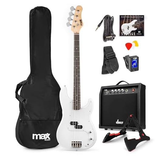 Max GigKit - Pack completo de bajo eléctrico Blanco con amplificador de 40W, soporte, funda, afinador, cuerdas y cable, ideal para principiantes y práctica en casa o estudio