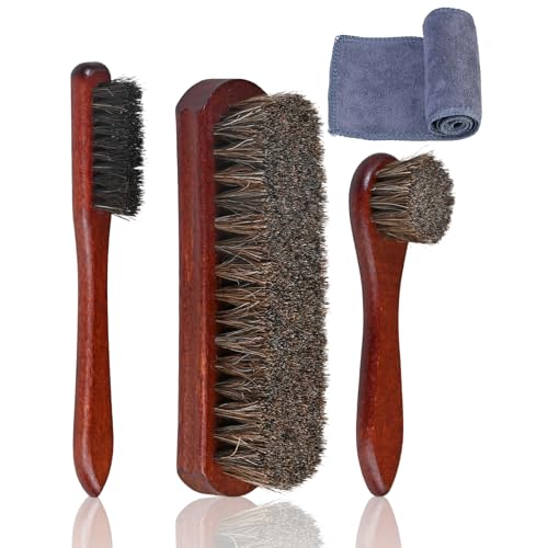 Brosse à Chaussures 4 Pièces Kit de Nettoyage de Chaussures Premium en Crin de Cheval avec Brosse à Cirage, Chiffon en Microfibre, Applicateur de Cirage et Brosse de Finition pour Cuir et Daim