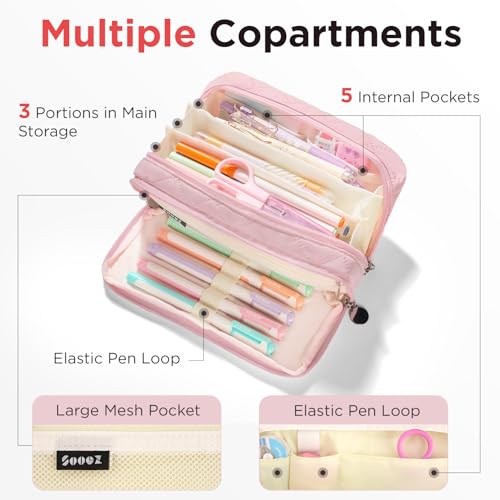 Image of Sooez Large Pencil Case Pouch, Extra Big Pencil Bag with 8 Compartments, Pen Bag Wide Opening, Soft Quilted Pencil Pouch Organizer with Zipper, Portable Pencil Case for Teen Girls, Blush