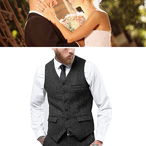 Men's Retro Herringbone Jacket Vest Tweed V Neck 6 Buttons Suit Waistcoat Gilet with 3 Real Pockets for Wedding Work Prom ( Color : Brown , Size : 3X-Large )2