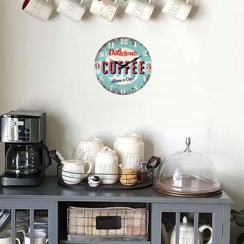 Image of XFM Vintage Coffee Bar Wall Clock14 Inch Blue | Battery Operated Silent Non Ticking Retro Round Wooden Decorative for Cafes Dining Room Farmhouse Office