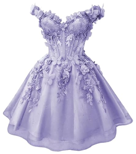 3D Butterfly Lavender Prom Homecoming Dress Short Sparkly Tulle Lace Off Shoulder Corset Puffy DAMA Cocktail Graduation Gowns US0