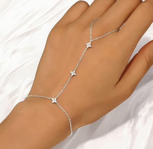 XAYAH Lucky Leaf Finger Chain Ring Bracelet for Women 925 Sterling Silver Body Ring Bracelet 14K Gold Plated Stackable Pendant Flower CZ Hypoallergenic to Daughter Mother Wedding Birthday Jewelry Gift2