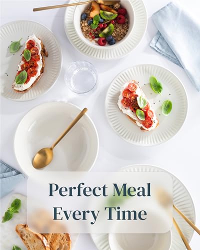 Image of Stoneware Dinnerware Set for 4 People HYGGE 12-Piece - Elegant Scandi Design - Premium Dish Set - Bowl and Plate Set - Tableware for 4 People in a Ribbed Design - Pure Living in Beige