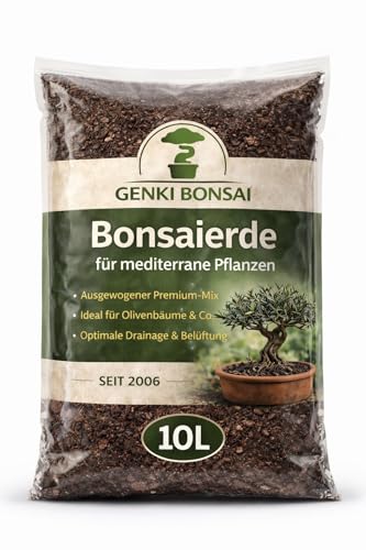 GENKI BONSAI Mediterrane Erde 10L - mineralisches Substrat für Olive, Granatapfel & Co. - sehr durchlässig, ideal für Kübelpflanzen, Winterquartier & trockene Standorte im Mittelmeerstil