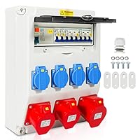 Daromigo Wandverteiler 4x230V 2x16A 1x32A 400V CEE, Baustromverteiler Wandverteiler mit FI Schalter LS Schalter, CEE-Steckdose 16/32A Stromverteiler für Innen und Außen