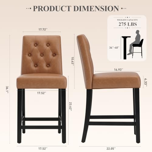 Image of MALOL Bar Stools Set of 2 Faux Leather Counter Height Bar Stools,Lightbrown