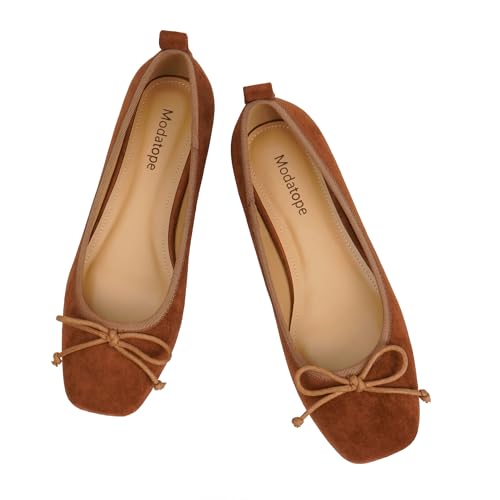 Modatope Ballet Flats with Bow Ballerina Closed Square Toe Slip on Bowknot Flats Shoes for Women Dressy 8 Brown Suede