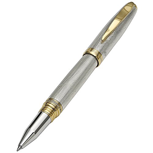 Xezo Maestro Rollerball Pen, Fine Point. Solid 925 Sterling Silver with 18 Karat Gold Plating. Crystal Band. Handcrafted, Limited Edition, Serialized