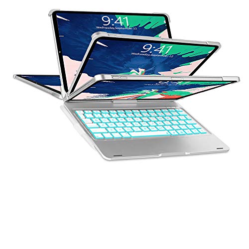 Keyboard Case for iPad Pro 11 2018, Boriyuan 7 Color Backlit Bluetooth Keyboard CaseF105 Folio Smart 360 Rotate Stand Keyboard Cover with Pencil Holder and Auto Sleep/Wake for iPad Pro 11 inch(Silver)