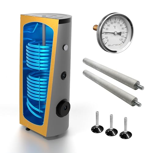 SUNEX Warmwasserspeicher 300L - Brauchwasserspeicher S2 mit 2 Wärmetauschern - für Solaranlage, Wärmepumpe und Kessel - Hochwertige Emaille 50mm PUR-Dämmung - inkl. Magnesiumanode & Thermometer