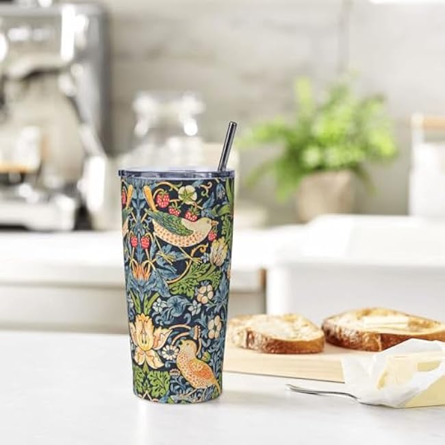 William Morris Strawberry Thief Floral 20oz Tumbler Double Wall Stainless Steel Vacuum Insulated Travel Mug with Splash-Proof Lid Metal Straw and Brush