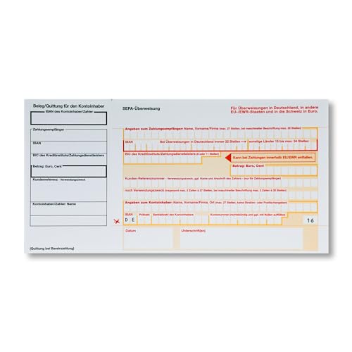 Litfax SEPA Überweisungsträger, 100 Stück – DIN LANG mit Quittungs-Talon, 1-fach ohne Durchschlag, Leicht zu trennen - Bankneutral für Überweisungen in Deutschland Litfax SEPA Überweisungsträger, 100 Stück – DIN LANG mit Quittungs-Talon, 1-fach ohne Durchschlag, Leicht zu trennen - Bankneutral für Überweisungen in Deutschland