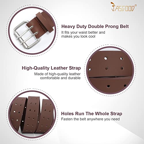Image of JASGOOD Men Double Prong PU Leather Belt Casual Work Heavy Duty Belt Double Grommet Holes Belt for Jeans
