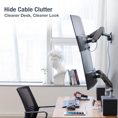 Image of AVLT Dual 32 inch Monitor Wall Mount - Mounts Two 17.6 lbs Computer Monitors on 2 Full Motion Adjustable Arms - Organize Your Work Surface with Ergonomic Viewing Angle VESA Monitor Mount | Supports flat /curved screens up to 17.6 lbs each. Smooth gas spring, VESA 75x75 /100x100 and clean cable routing
