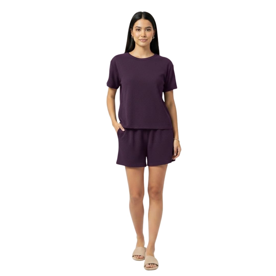 COZYPLAY Women's Cotton Night Suit Top & Shorts Set with Pocket | Regular Fit Solid Loungewear Co-ord Set | Short Sleeve T-Shirt & Shorts Pajama Nightwear Sleepwear Set-picture-35