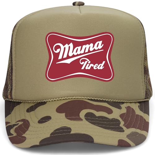 Mama Tired Trucker Hat | Funny Vintage Cowgirl Western Trendy Cowboy | Premium Snapback Hat for Men & Women (US, Alpha, One Size, Green Camo)
