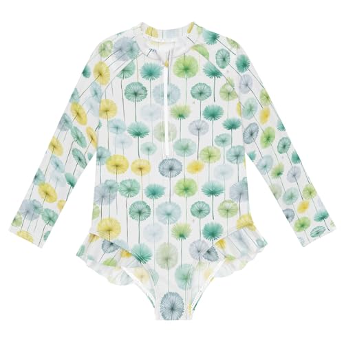 Watercolor Green Dandelion Pattern Girls One Piece Rash Guard Swimsuit, Girls Long Sleeve Swimwear for 3-12Y