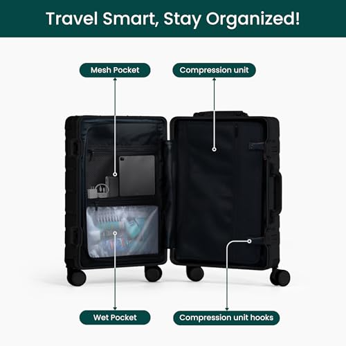 Nobl Travel Carry On Luggage, Noble Zipperless Aluminum Suitcase,21.7x14.8x8.1 Airline Approved, Aluminum Metal Hardside Shell & Frame, 360° Spinner Wheels, TSA Locks, Interior Compression –Black2