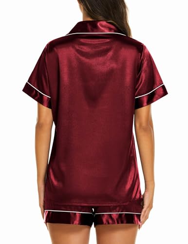 Image of Ekouaer Silk Pajamas for Women Short Sleeve Sleepwear Soft Button Down Loungewear 2 Piece Satin Pjs Shorts Set