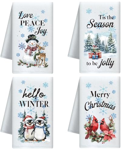 CUTHOLLOW Juego de 4 Paños de Cocina de Navidad, Paisaje Navideño Paños Cocina Divertidos, Toallas Decorativas Microfibra para Cocina, Café, Bar, Hogar, Cumpleaños