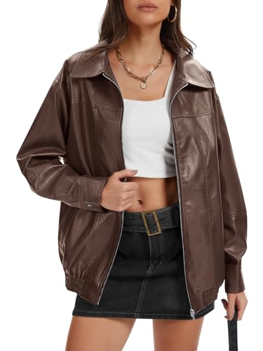 Womens Faux Leather Jacket Motorcycle Bomber Jacket Coats Fall Spring Clothes Oversized Zip Up Winter Coat Outerwear
