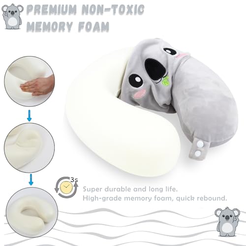 Image of Travel Pillow, Kids Travel Pillow with Sleep Eye Mask Soft Memory Foam Kids Neck Pillow for Boys & Girls, Travel Accessories for Car Airplane Traveling - Koala