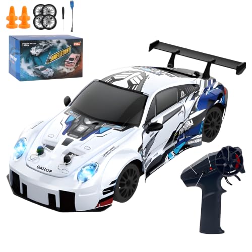 Image of Cable World RC Drift Car for Kids, 2.4GHz Remote Control Car, 4WD Dual Motor, Unbreakable PVC Body, LED Lights, Rechargeable Battery,High Speed RC Car for Kids, Extra Drift & Racing Tyres
