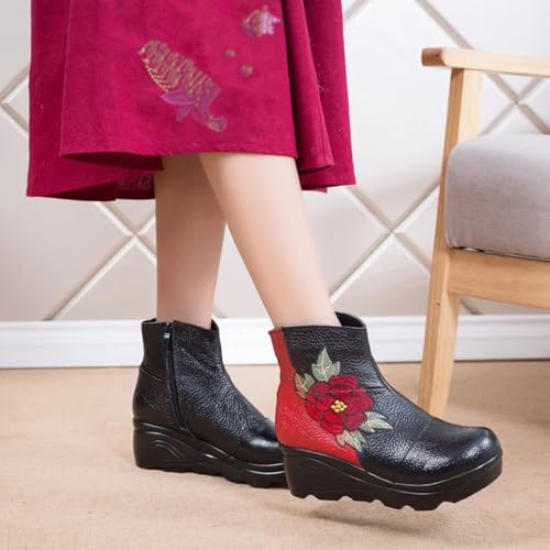 Women's Genuine Leather Embroidery Flowers Platform Ankle Boots with Side Zipper Comfy Memory Foam Insole Soft Sole Anti-slip National Style Booties Outdoor Short Boots 6