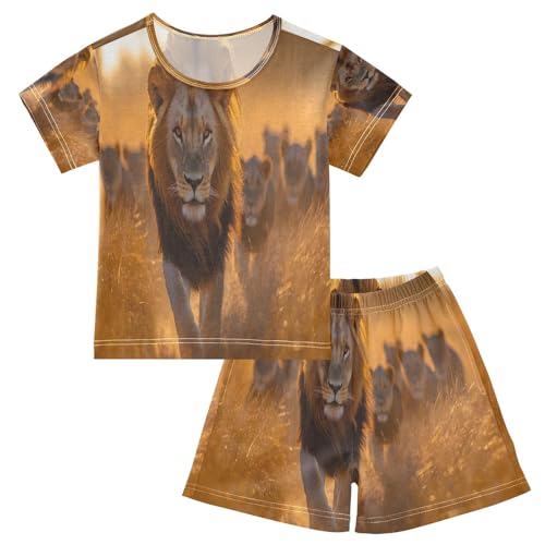 ALAZA Lion African Landscape Pajamas Set Short Sleeve Cotton Sleepwear Summer Pjs 2 Piece 5-14Y
