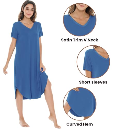 Image of NACHILA Nightgowns for Women-Viscose Made from Bamboo, V Neck Sleepshirts Short Sleeve Sleepwear Cool Nightshirt