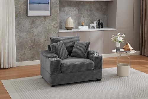 Image of 50 inch Corduroy Upholstered Chaise Lounge Chair Indoor, Modern Lazy Sofa with Storage Armrest, Sleeper Couch with Cup Holders for Living Room, Grey